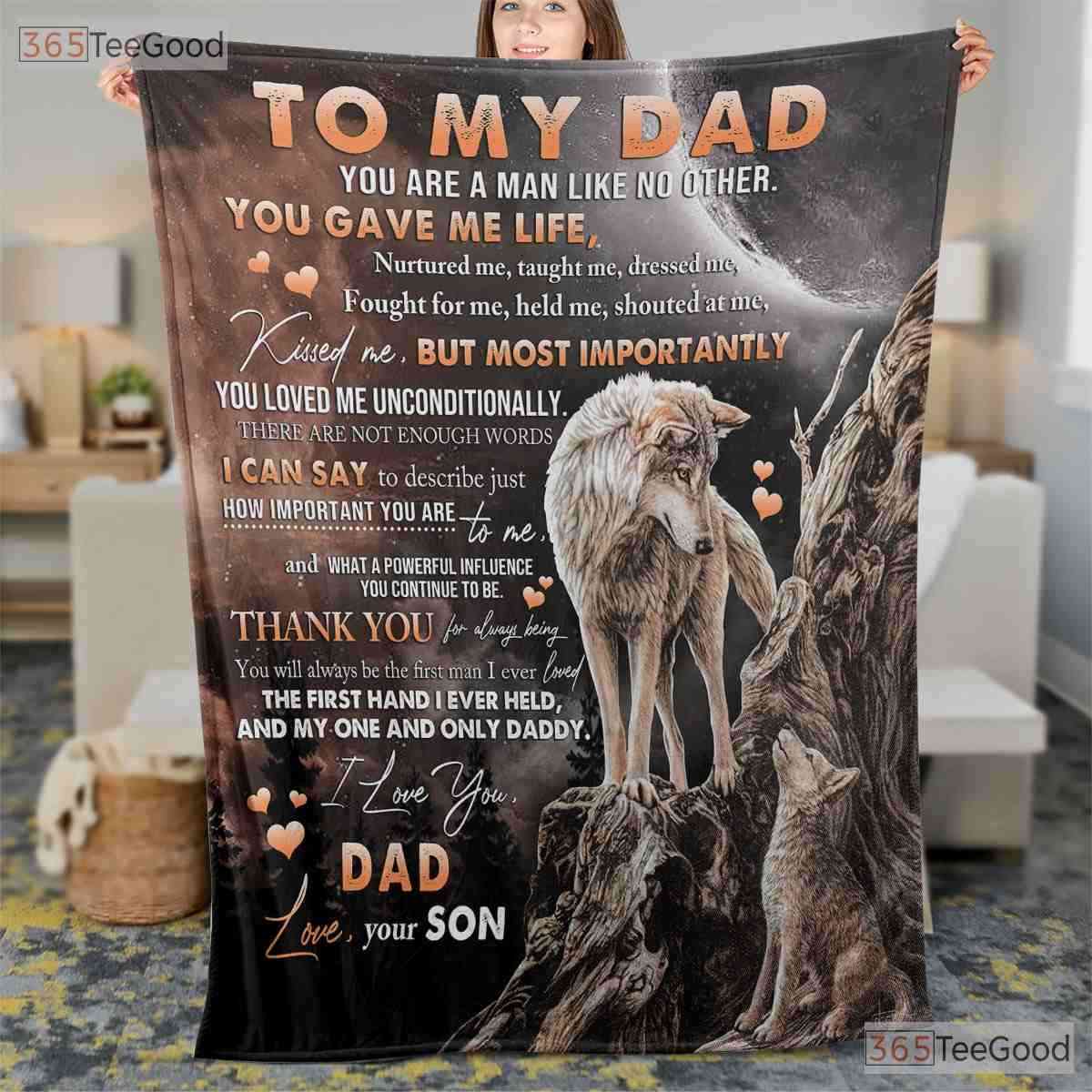To My Dad Wolf Design Fleece Blanket - Thank You Quilt Gift from Son Father Day