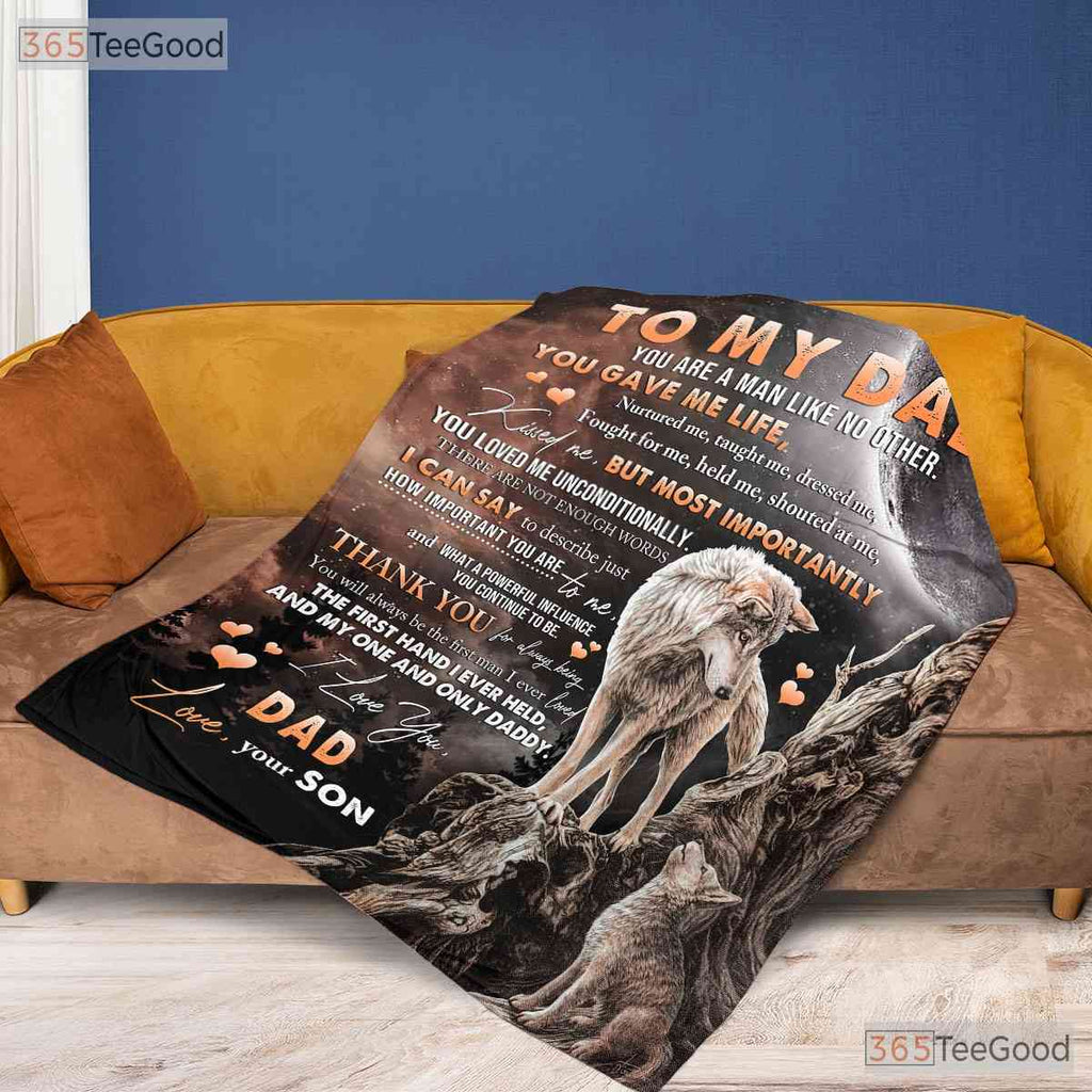 To My Dad Wolf Design Fleece Blanket - Thank You Quilt Gift from Son Father Day