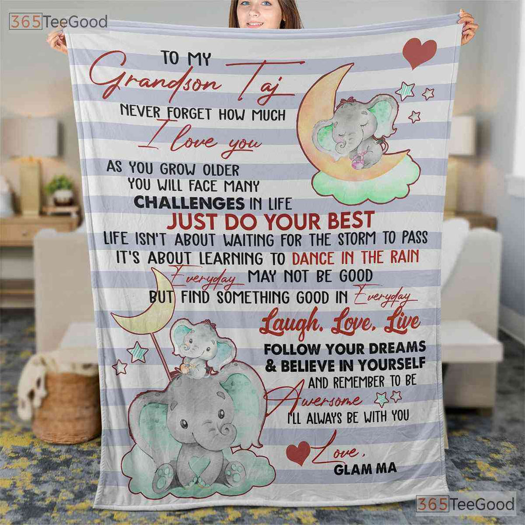To My Grandson Elephant Fleece Blanket - Motivational Quilt Gift from Grandma