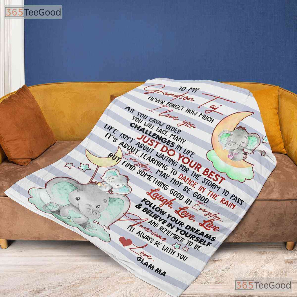 To My Grandson Elephant Fleece Blanket - Motivational Quilt Gift from Grandma