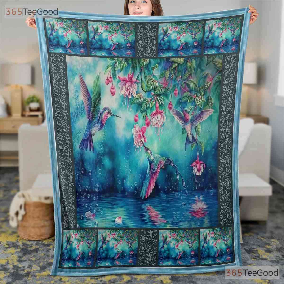 Hummingbird and Flowers Fleece Blanket - Nature Lover Quilt Gift for Gardener