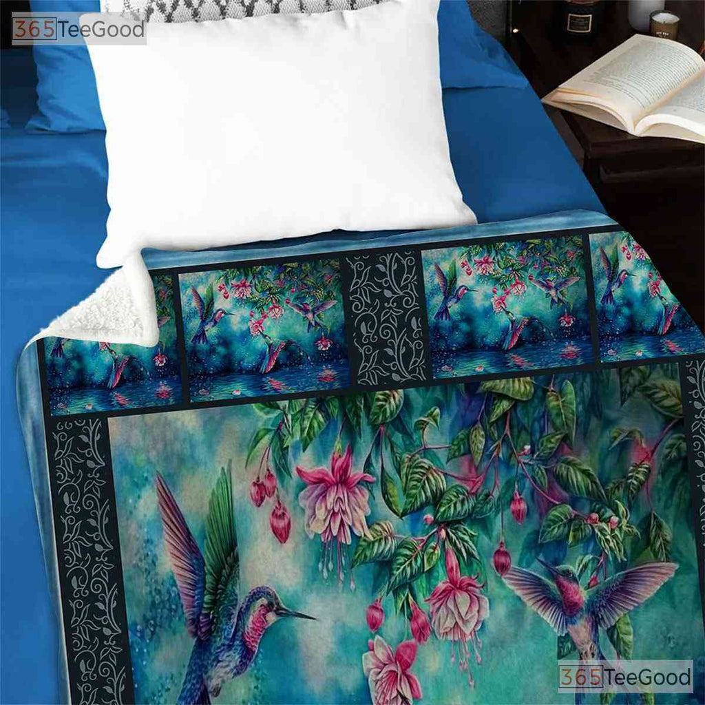 Hummingbird and Flowers Fleece Blanket - Nature Lover Quilt Gift for Gardener