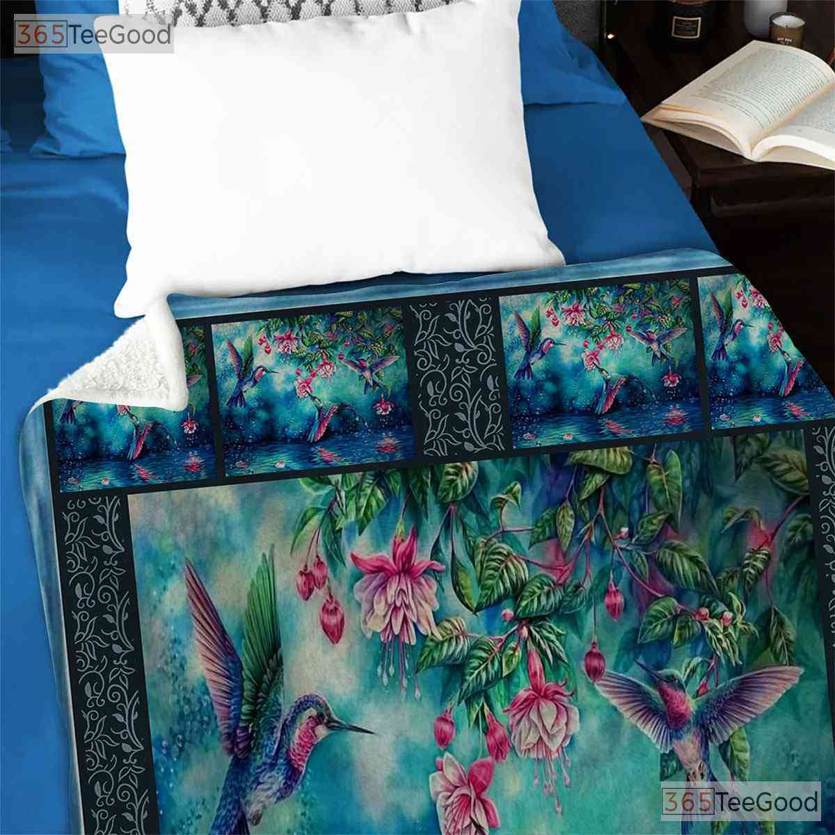 Hummingbird and Flowers Fleece Blanket - Nature Lover Quilt Gift for Gardener