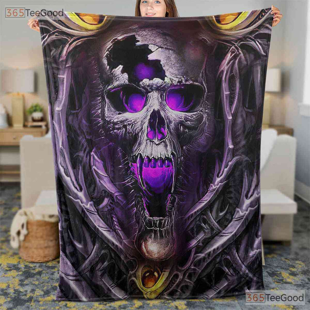 Purple Skull Art Fleece Blanket - Gothic Style Quilt Gift for Dark Decor Lover