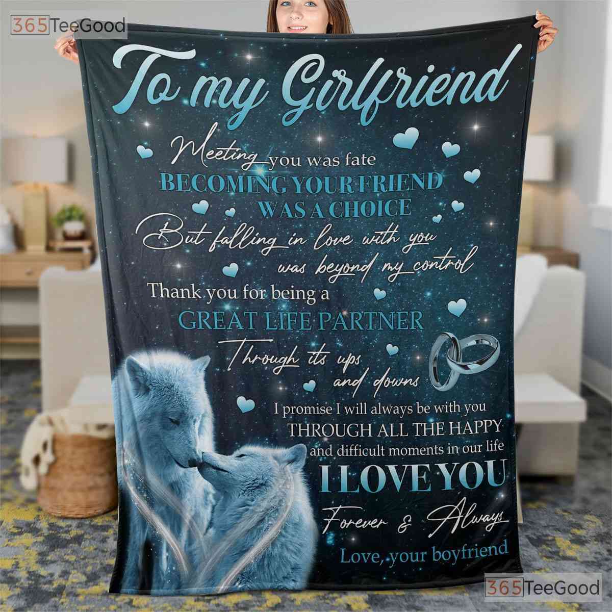 To My Girlfriend Wolf Couple Fleece Blanket - Romantic Quilt Gift from Boyfriend