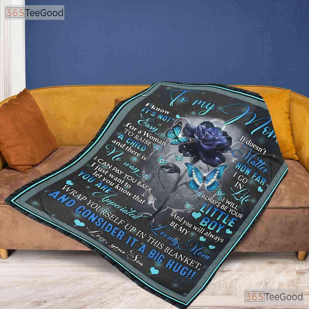 To My Mom Blue Rose Fleece Blanket - Sentimental Quilt Gift from Son Birthday