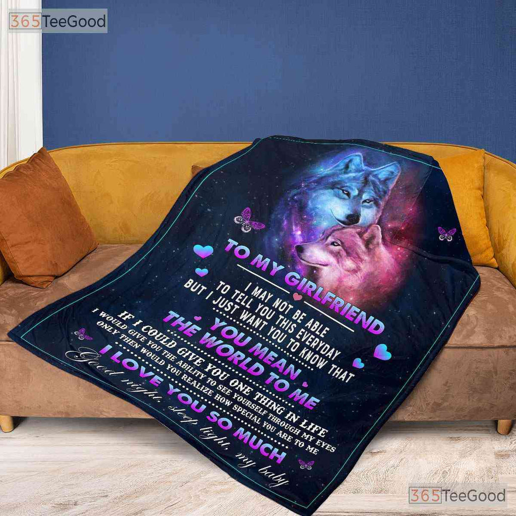 To My Girlfriend Galaxy Wolf Fleece Blanket - Love Quote Quilt Gift Valentine