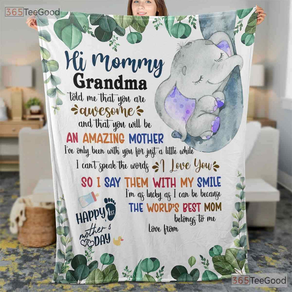 To Mommy Sloth Grandma Fleece Blanket - Cute Baby Animal Quilt Gift From Kids