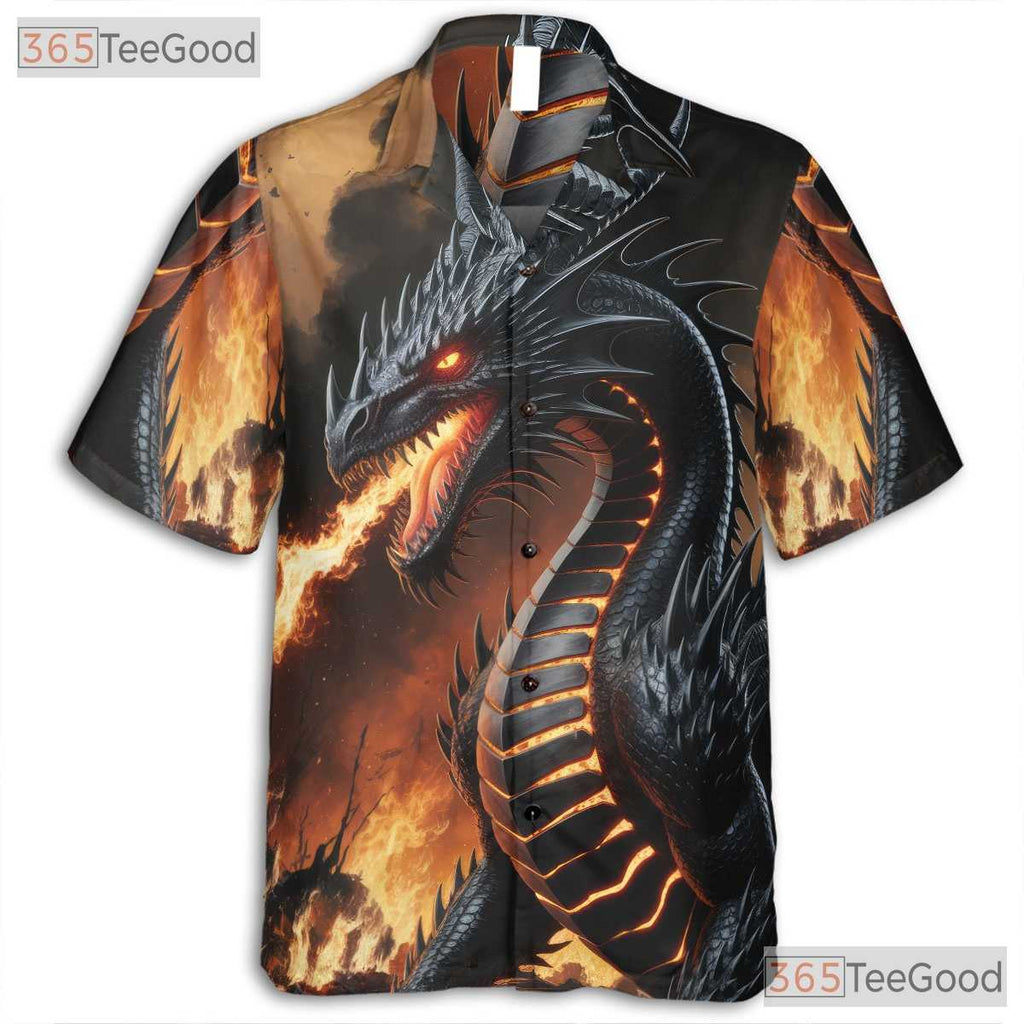 Fantasy Fire Dragon Unisex Hawaiian Shirt- Black Flaming Beast Style Apparel