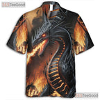 Fantasy Fire Dragon Unisex Hawaiian Shirt- Black Flaming Beast Style Apparel