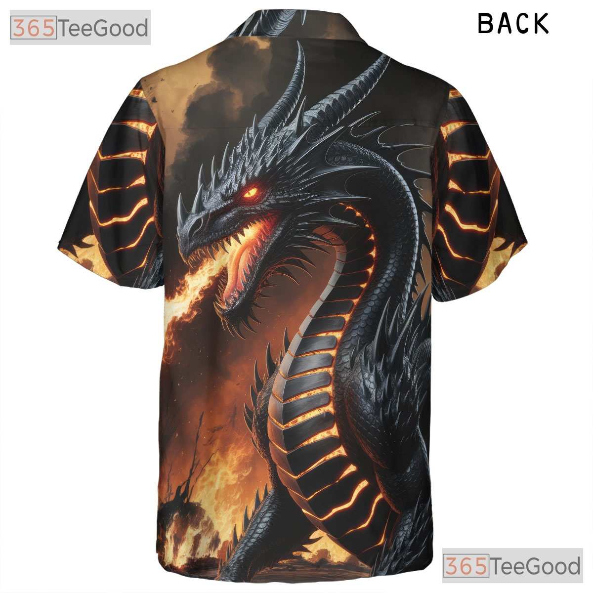Fantasy Fire Dragon Unisex Hawaiian Shirt- Black Flaming Beast Style Apparel