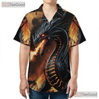 Fantasy Fire Dragon Unisex Hawaiian Shirt- Black Flaming Beast Style Apparel