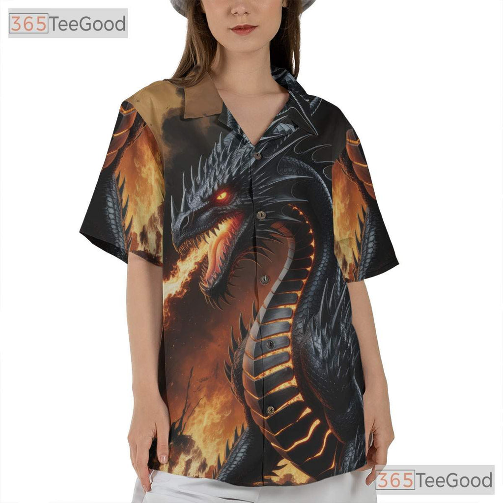 Fantasy Fire Dragon Unisex Hawaiian Shirt- Black Flaming Beast Style Apparel