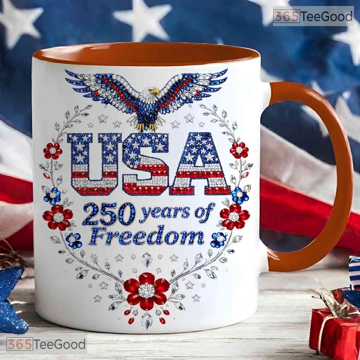 Faux Rhinestone USA 250th Anniversary 1776 To 2026 Patriotic Eagle Ceramic Accent Mug