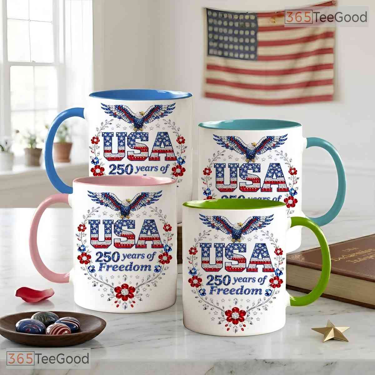 Faux Rhinestone USA 250th Anniversary 1776 To 2026 Patriotic Eagle Ceramic Accent Mug