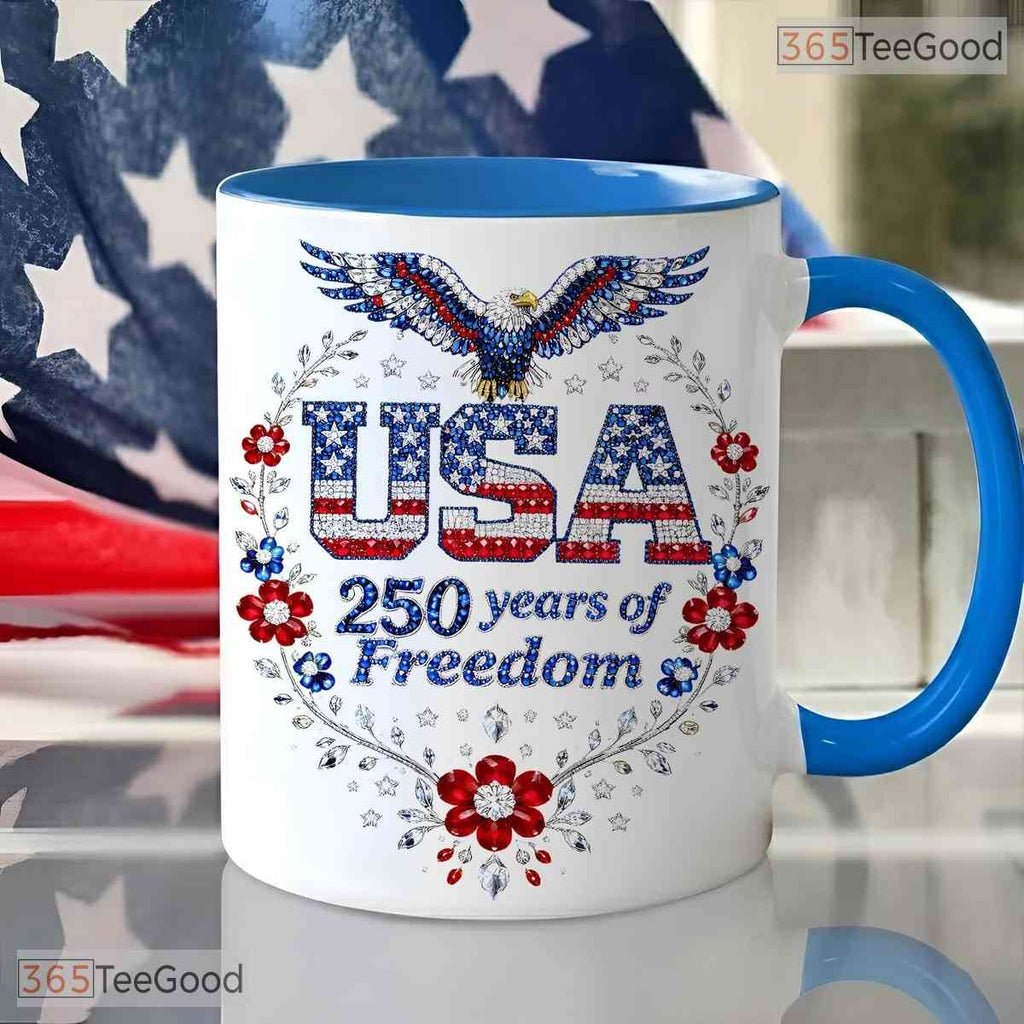 Faux Rhinestone USA 250th Anniversary 1776 To 2026 Patriotic Eagle Ceramic Accent Mug