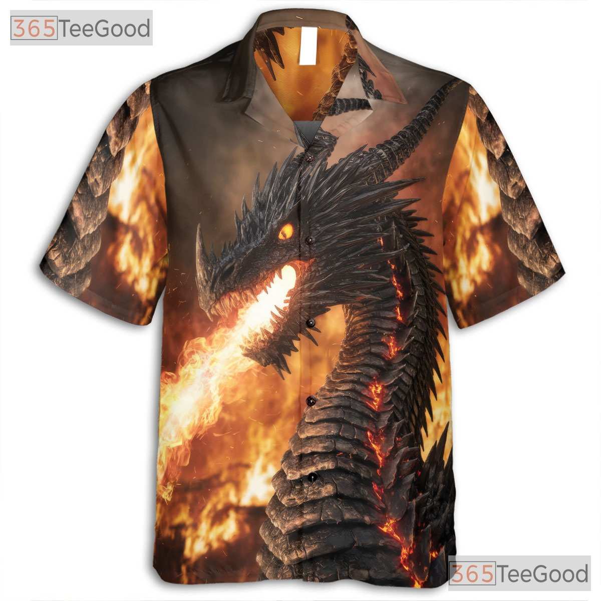 Fierce Flaming Dragon Hawaiian Shirt- Unisex Black Fantasy Creature Beach Top
