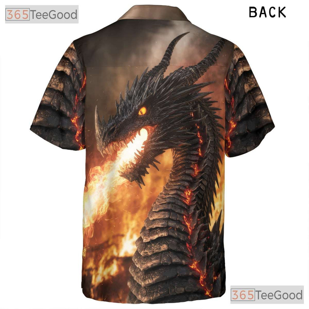 Fierce Flaming Dragon Hawaiian Shirt- Unisex Black Fantasy Creature Beach Top