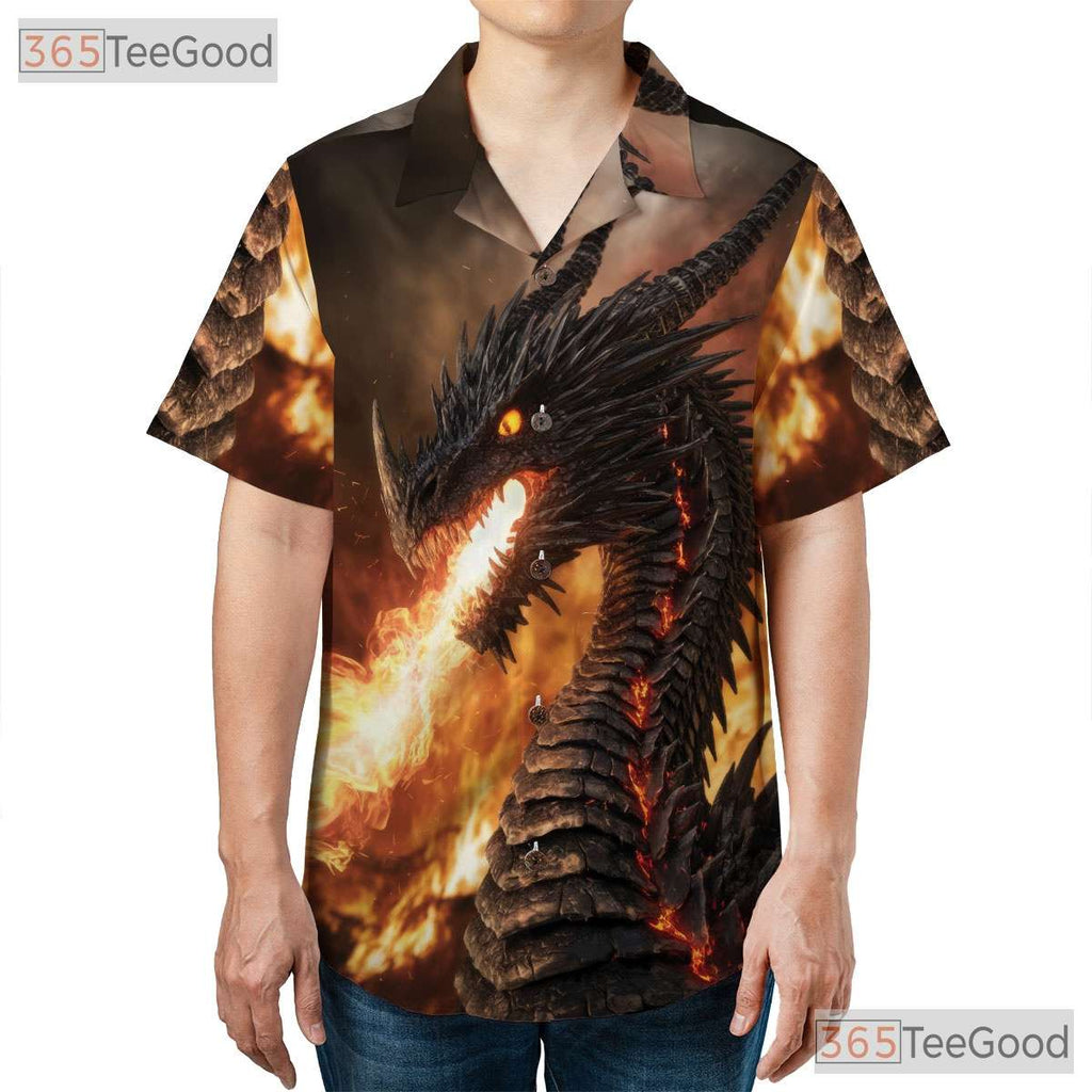 Fierce Flaming Dragon Hawaiian Shirt- Unisex Black Fantasy Creature Beach Top