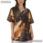 Fierce Flaming Dragon Hawaiian Shirt- Unisex Black Fantasy Creature Beach Top