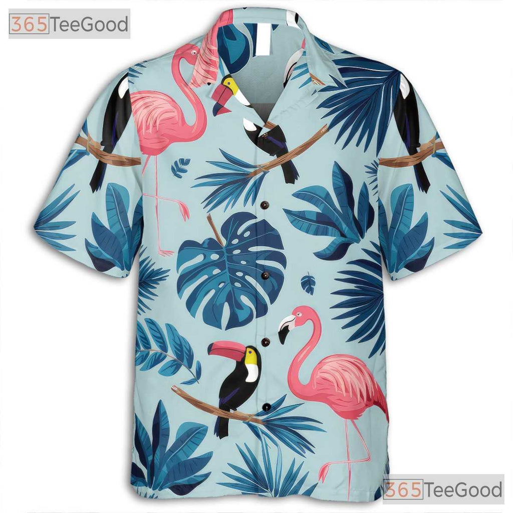 Flamingo Toucan Tropical Palm Leaves Beach Hawaiian Shirt Men Women Outfit