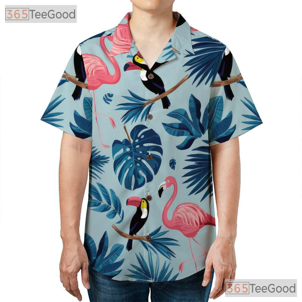 Flamingo Toucan Tropical Palm Leaves Beach Hawaiian Shirt Men Women Outfit