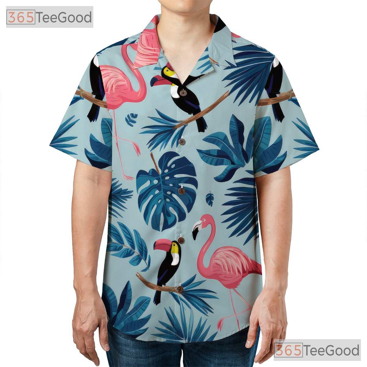 Flamingo Toucan Tropical Palm Leaves Beach Hawaiian Shirt Men Women Outfit