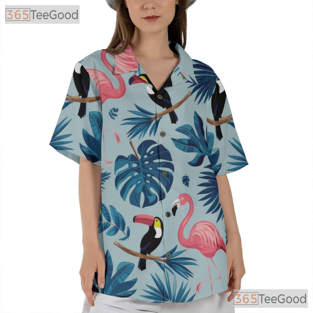 Flamingo Toucan Tropical Palm Leaves Beach Hawaiian Shirt Men Women Outfit