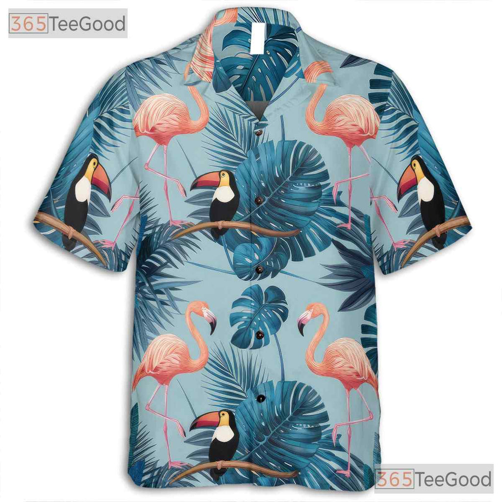 Flamingo Toucan Tropical Palm Leaves Beach Print Hawaiian Shirt Unisex Top