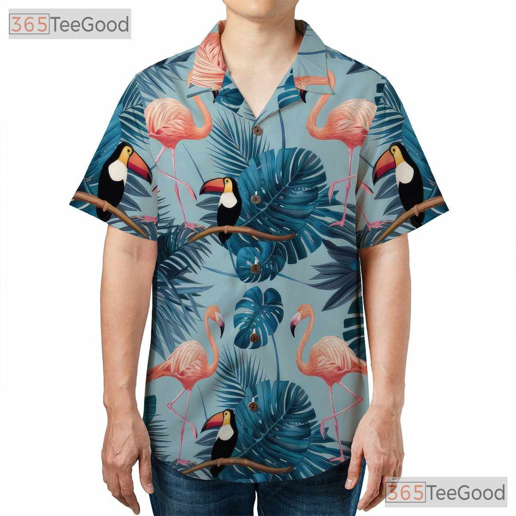 Flamingo Toucan Tropical Palm Leaves Beach Print Hawaiian Shirt Unisex Top