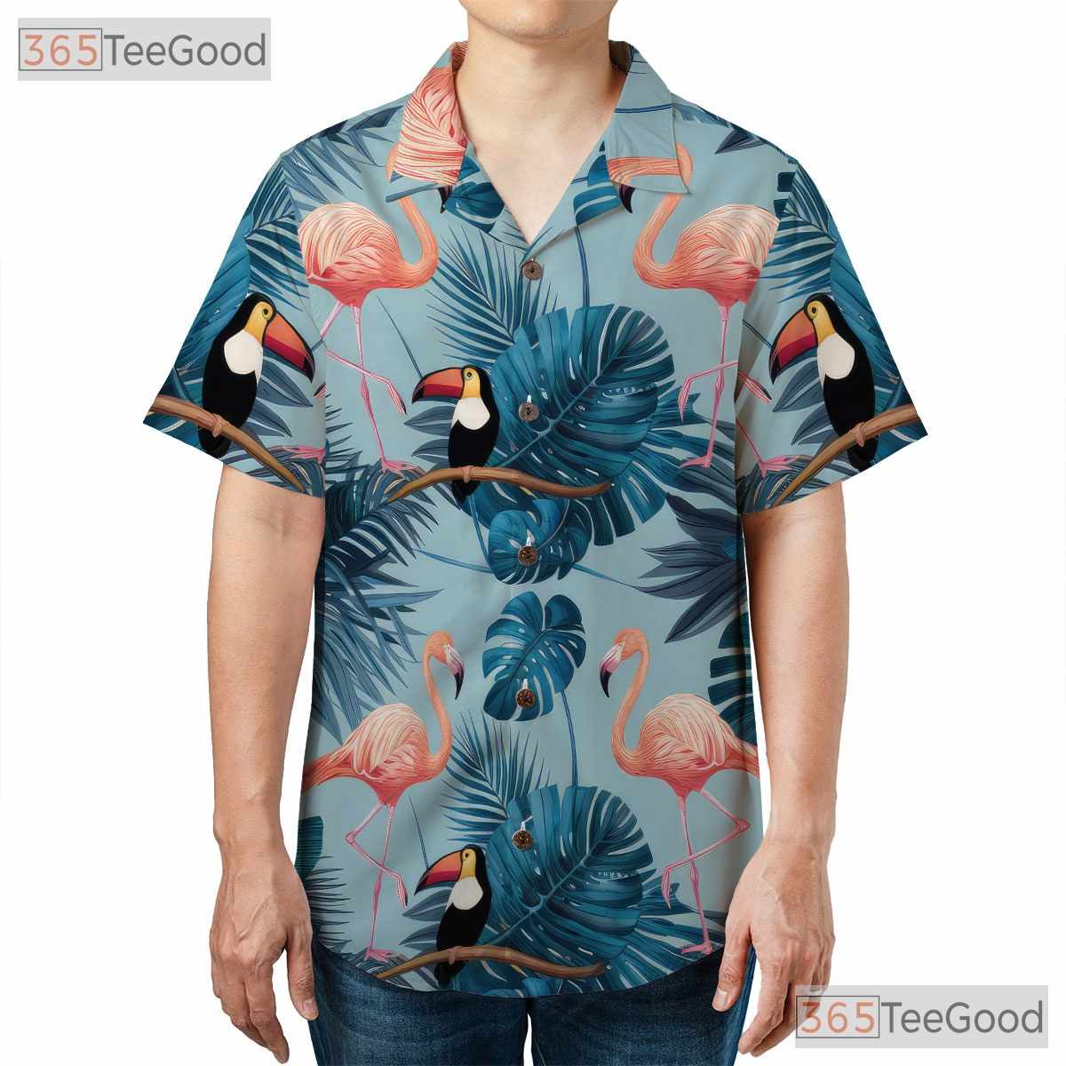 Flamingo Toucan Tropical Palm Leaves Beach Print Hawaiian Shirt Unisex Top