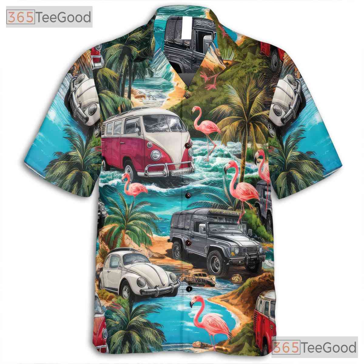 Flamingos and Cars Tropical Hawaiian Tee Unisex Look for Beach Festival