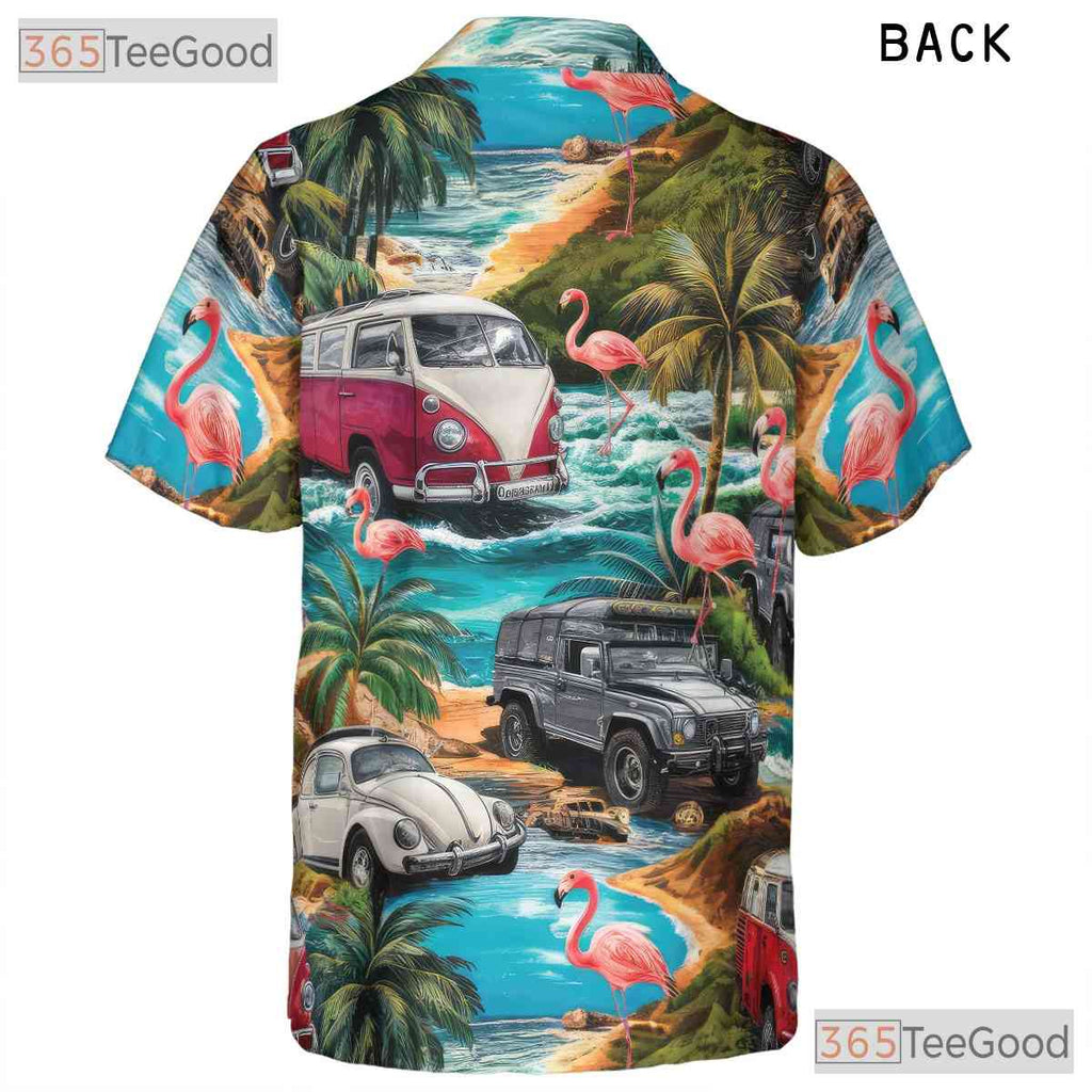 Flamingos and Cars Tropical Hawaiian Tee Unisex Look for Beach Festival