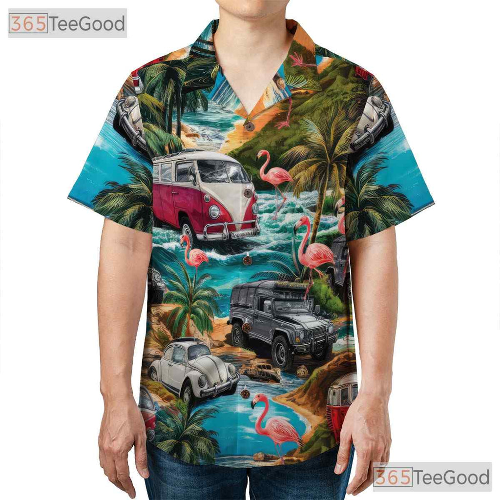 Flamingos and Cars Tropical Hawaiian Tee Unisex Look for Beach Festival