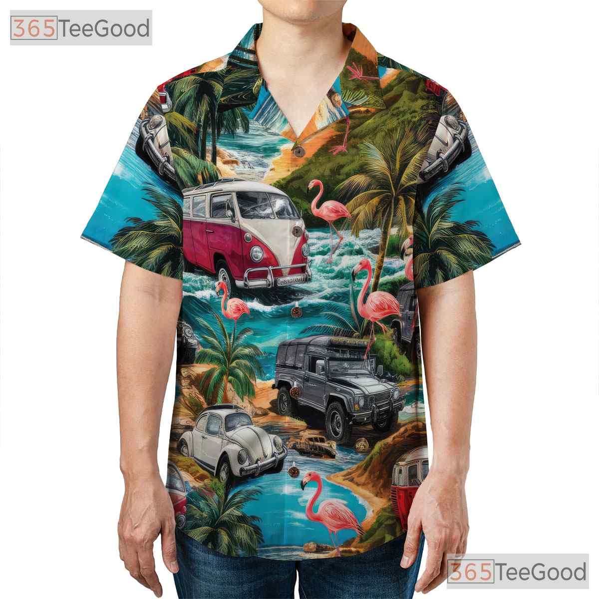 Flamingos and Cars Tropical Hawaiian Tee Unisex Look for Beach Festival