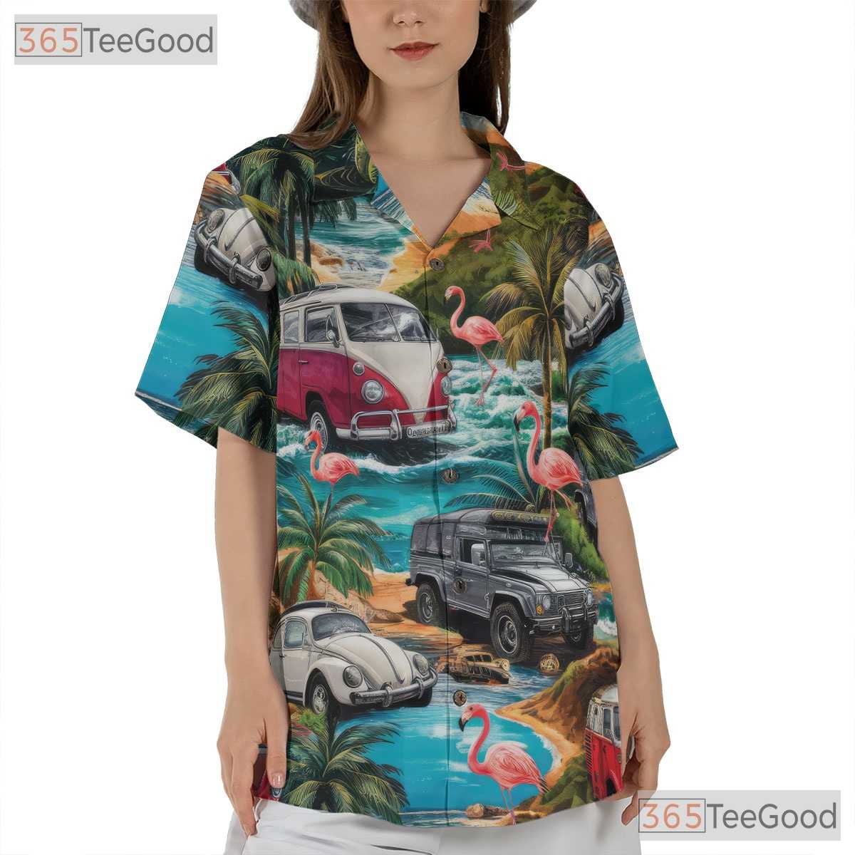 Flamingos and Cars Tropical Hawaiian Tee Unisex Look for Beach Festival