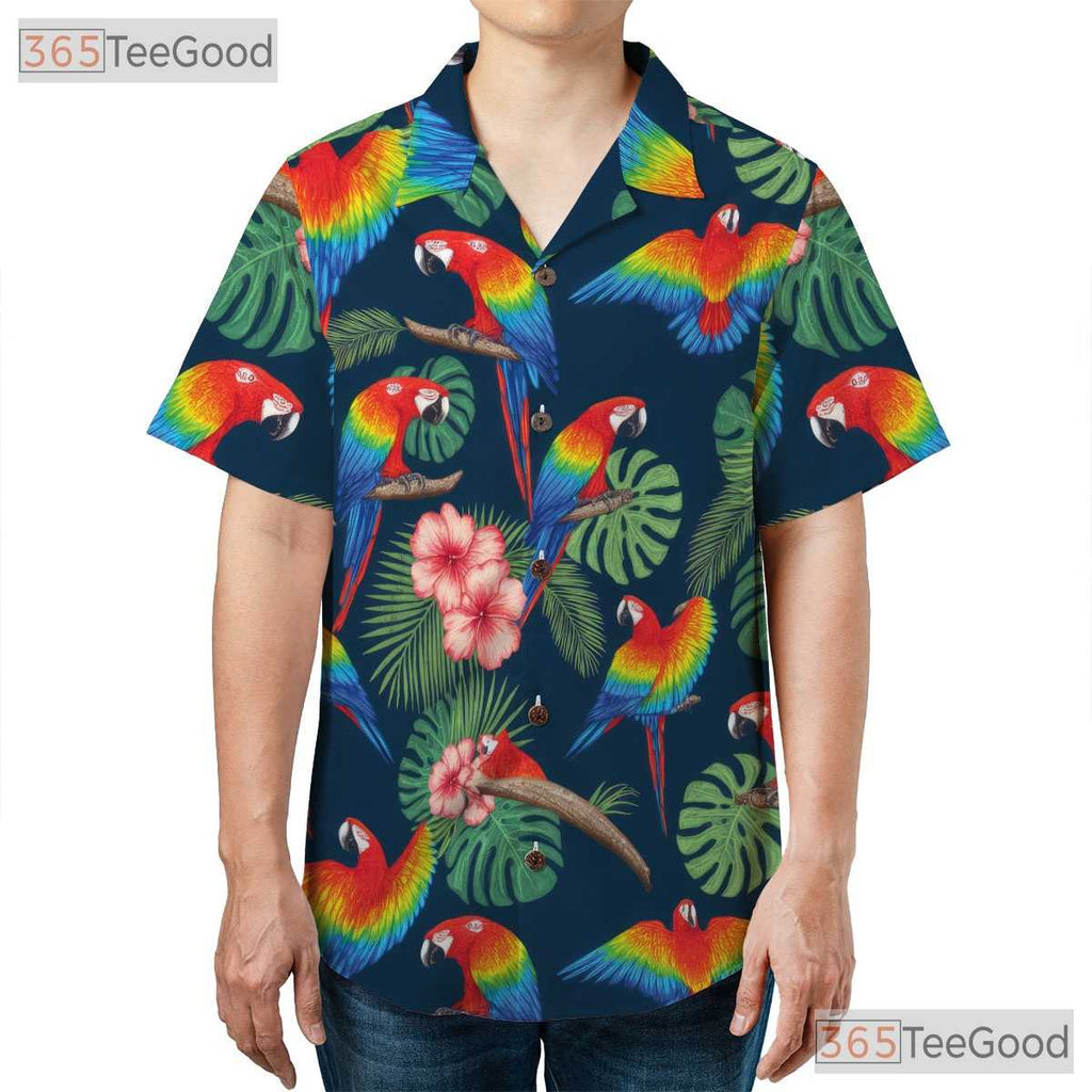 Floral Aloha Parrot Hawaiian Shirt- Unisex Summer Bird Print Casual Beachwear