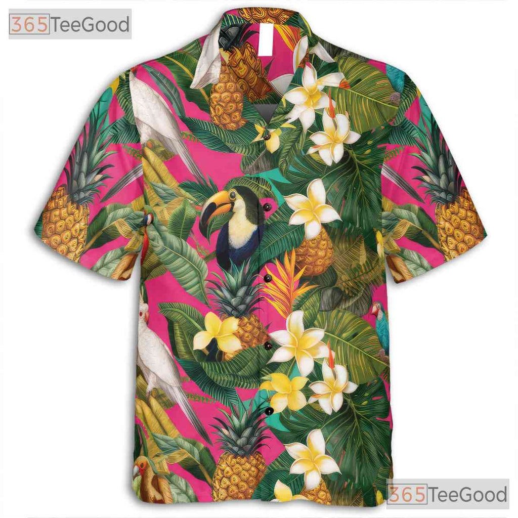 Floral Bird Pineapple Print Pink Tropical Party Hawaiian Shirt Unisex Top