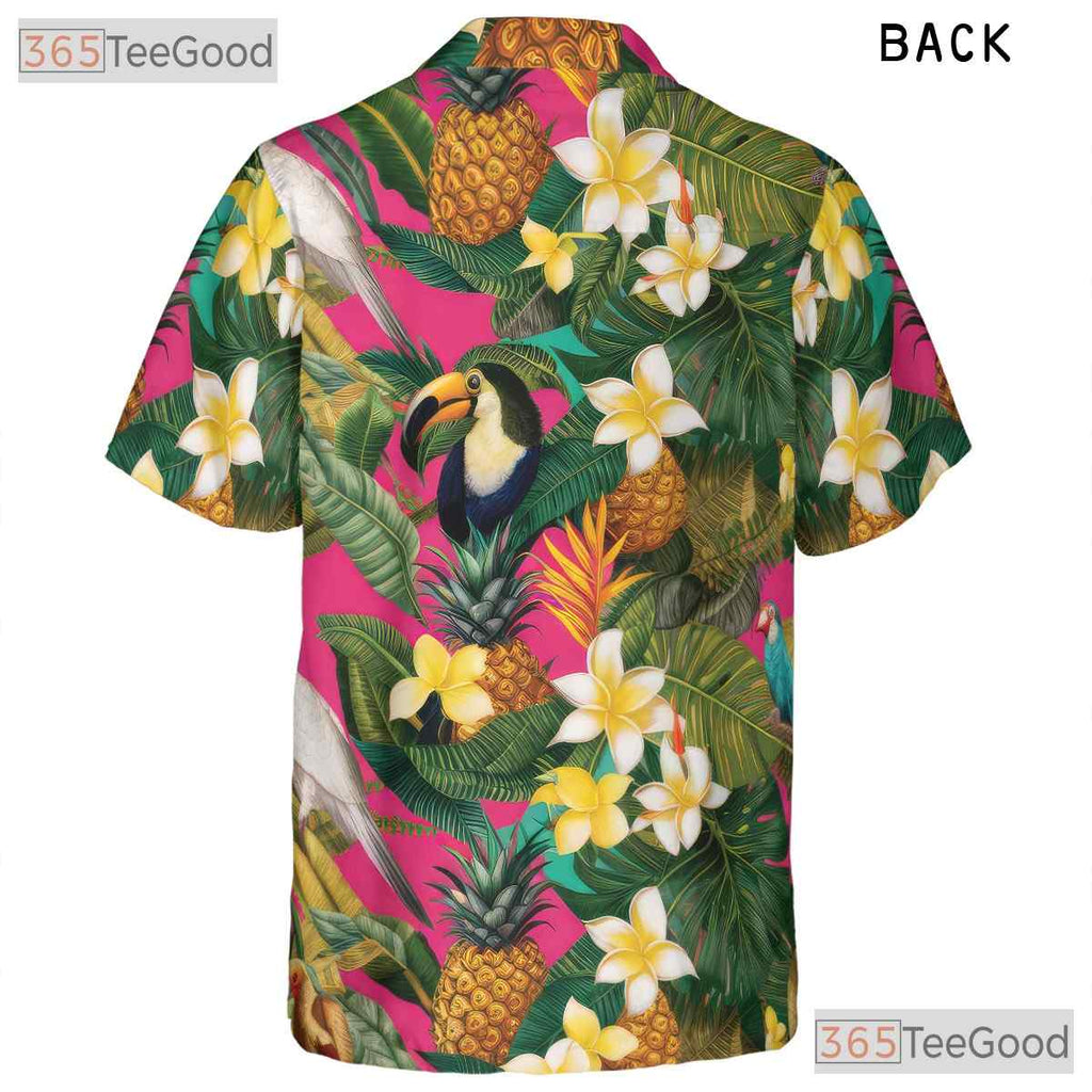 Floral Bird Pineapple Print Pink Tropical Party Hawaiian Shirt Unisex Top