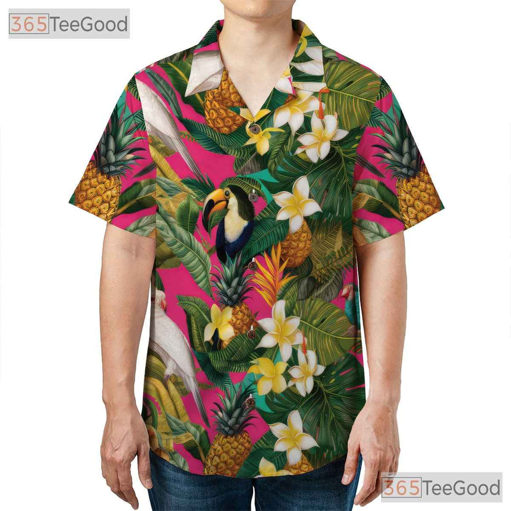 Floral Bird Pineapple Print Pink Tropical Party Hawaiian Shirt Unisex Top