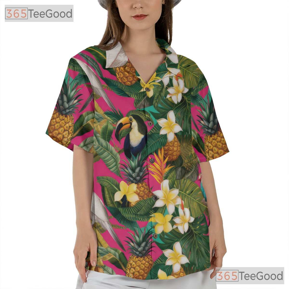 Floral Bird Pineapple Print Pink Tropical Party Hawaiian Shirt Unisex Top