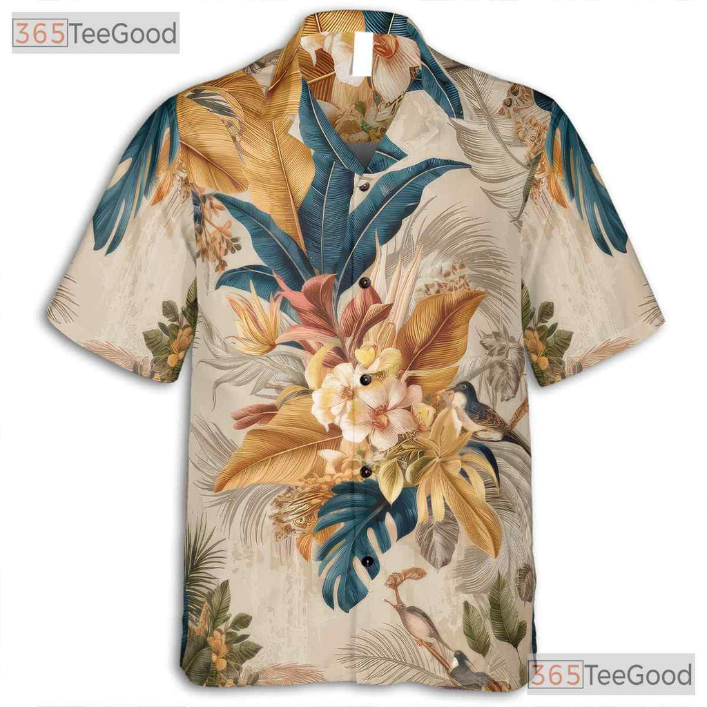 Floral Birds Tropical Leaf Design Vintage Hawaiian Tee Men Women Aloha Top