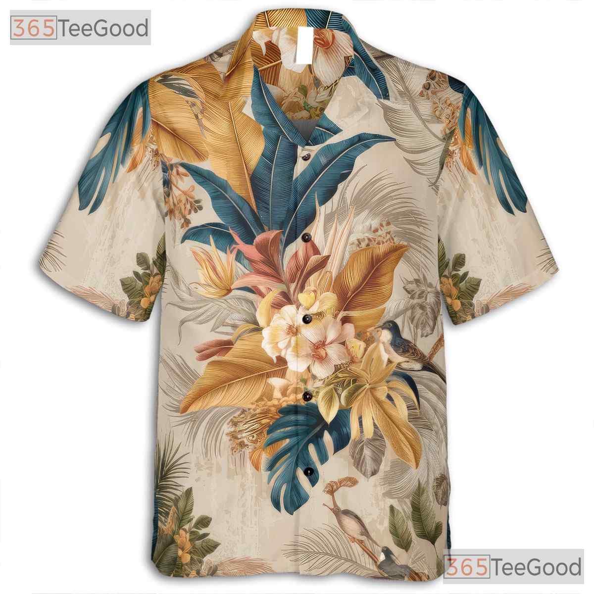 Floral Birds Tropical Leaf Design Vintage Hawaiian Tee Men Women Aloha Top