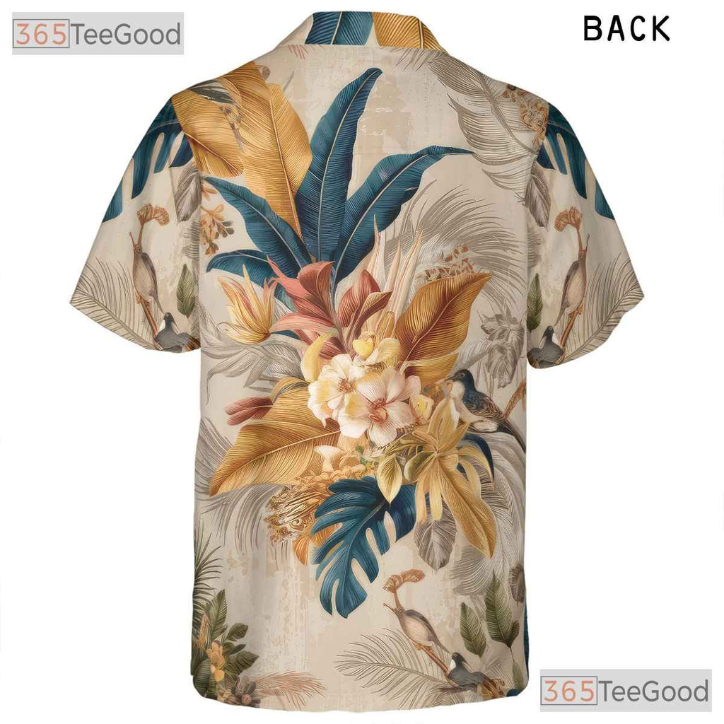 Floral Birds Tropical Leaf Design Vintage Hawaiian Tee Men Women Aloha Top