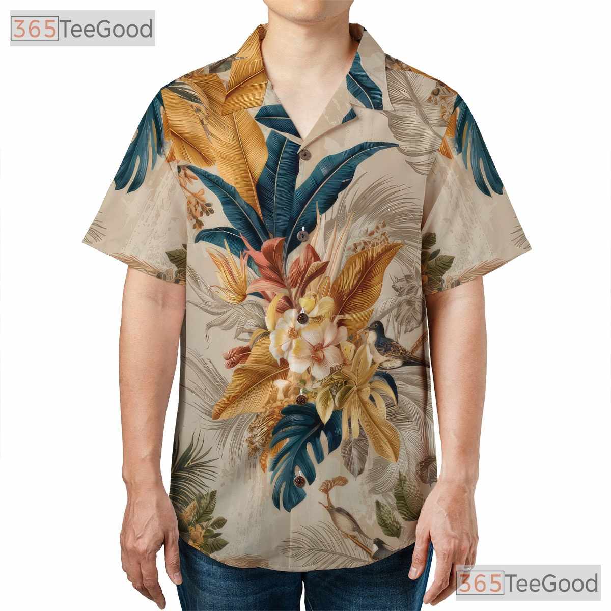 Floral Birds Tropical Leaf Design Vintage Hawaiian Tee Men Women Aloha Top