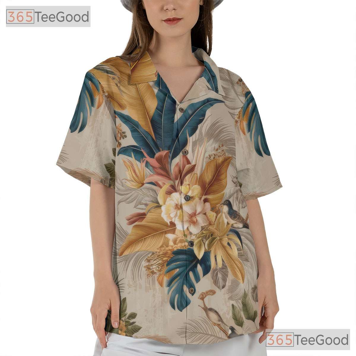 Floral Birds Tropical Leaf Design Vintage Hawaiian Tee Men Women Aloha Top
