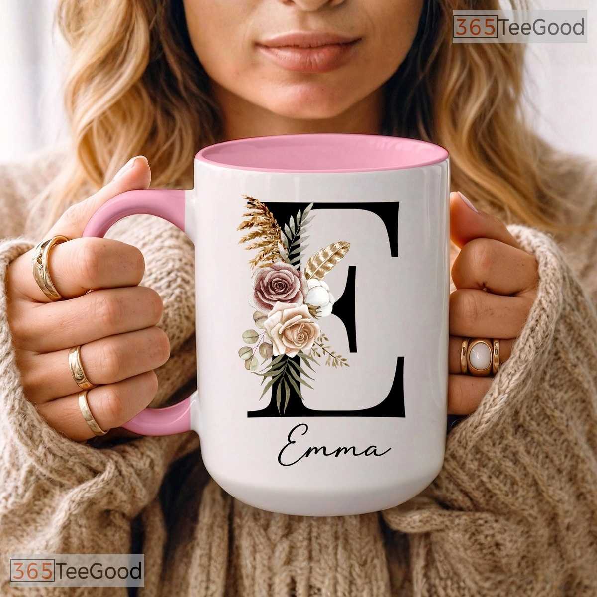 Personalized Floral Initial Coffee Mug - Custom Monogram Letter Name Ceramic Accent Mug