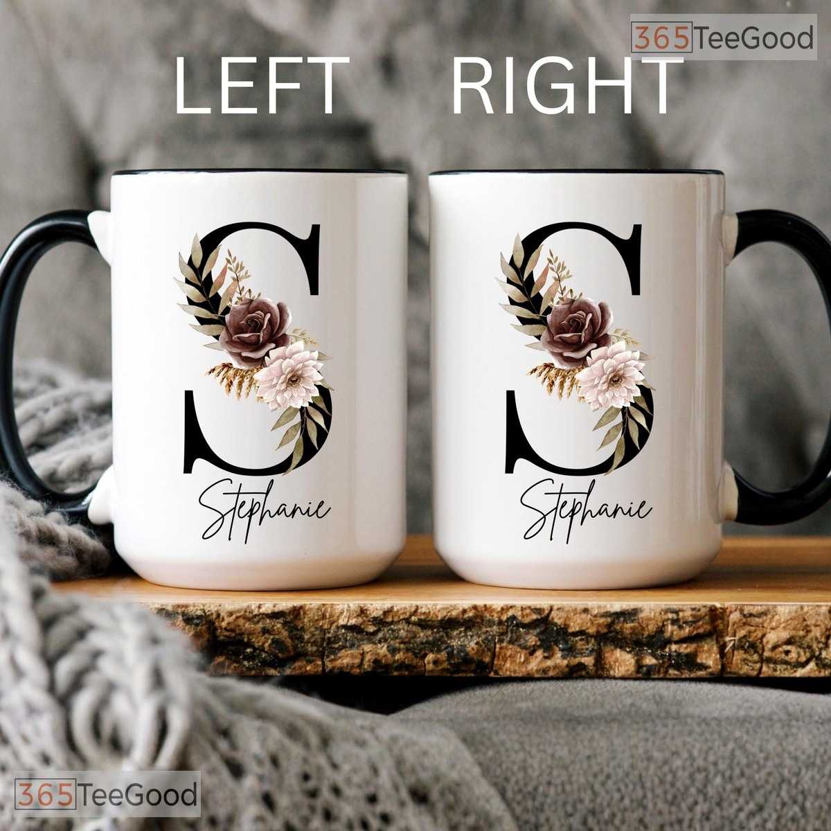 Personalized Floral Initial Coffee Mug - Custom Monogram Letter Name Ceramic Accent Mug