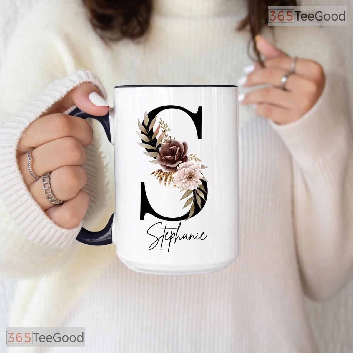 Personalized Floral Initial Coffee Mug - Custom Monogram Letter Name Ceramic Accent Mug
