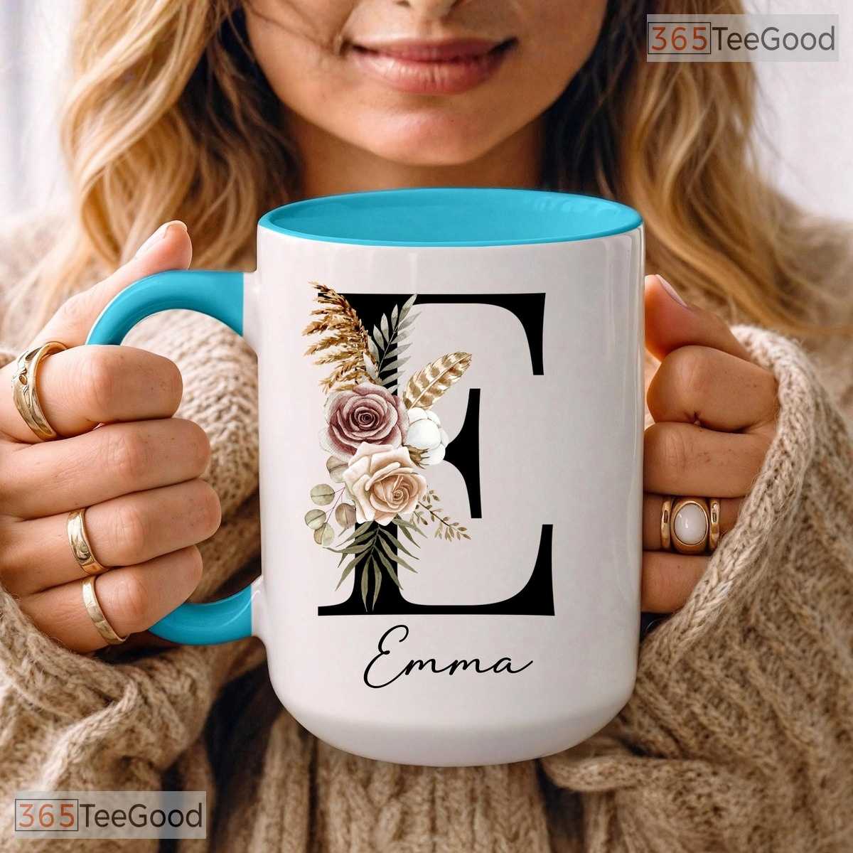 Personalized Floral Initial Coffee Mug - Custom Monogram Letter Name Ceramic Accent Mug